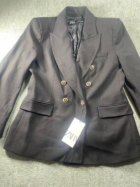Zara Black Double-Breasted Blazer with Gold Buttons